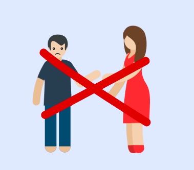 A boy and a girl standing next to each other with a red X over them.