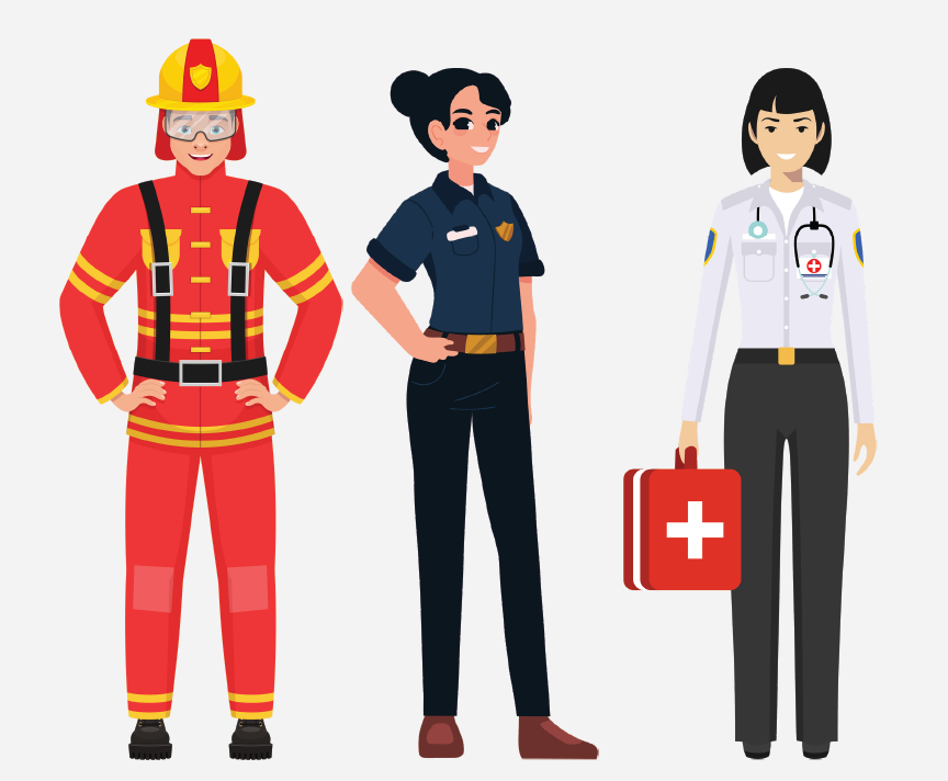 Images of a fire fighter, police officer, and paramedic