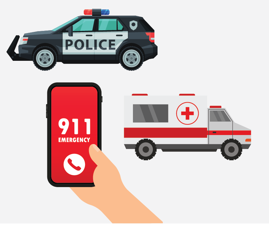 A cell phone calling 9-1-1, ambulance, and police car.