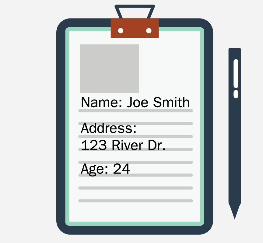 A form that says Joe Smith, 123 River Drive, 24 years old.