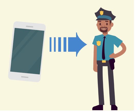 A cell phone next to an arrow pointing to a police officer.