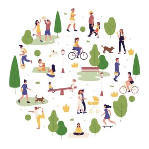 Summer park outdoor activity vector illustration. Cartoon flat active people spend time in city park together, walking or playing with dog, have fun and do sport workout exercises isolated on white