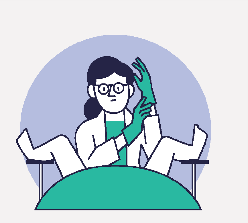 A doctor putting on gloves in front of a patient whose legs are in stirrups.