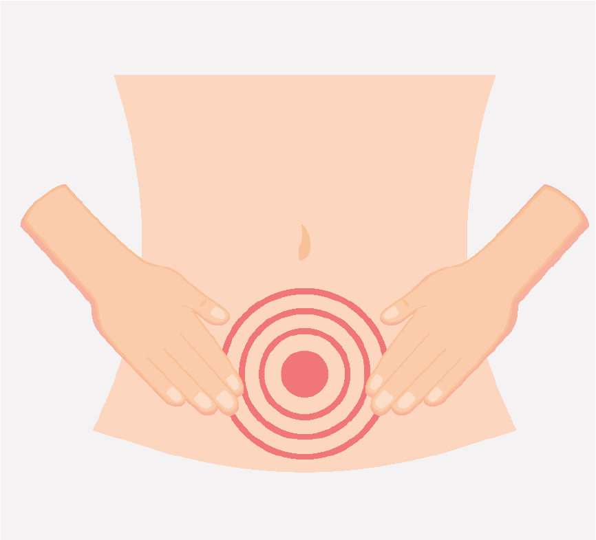 Two hands putting pressure on a stomach. There is a red circle with lines around it on the stomach.