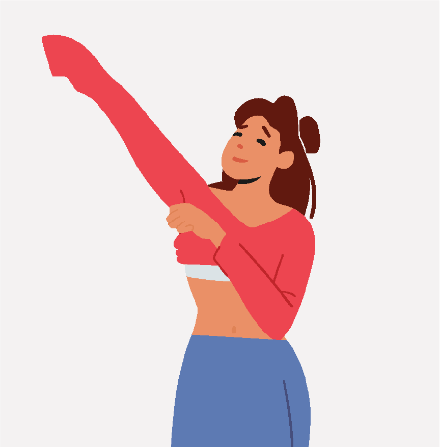A woman putting a red long-sleeved shirt on.