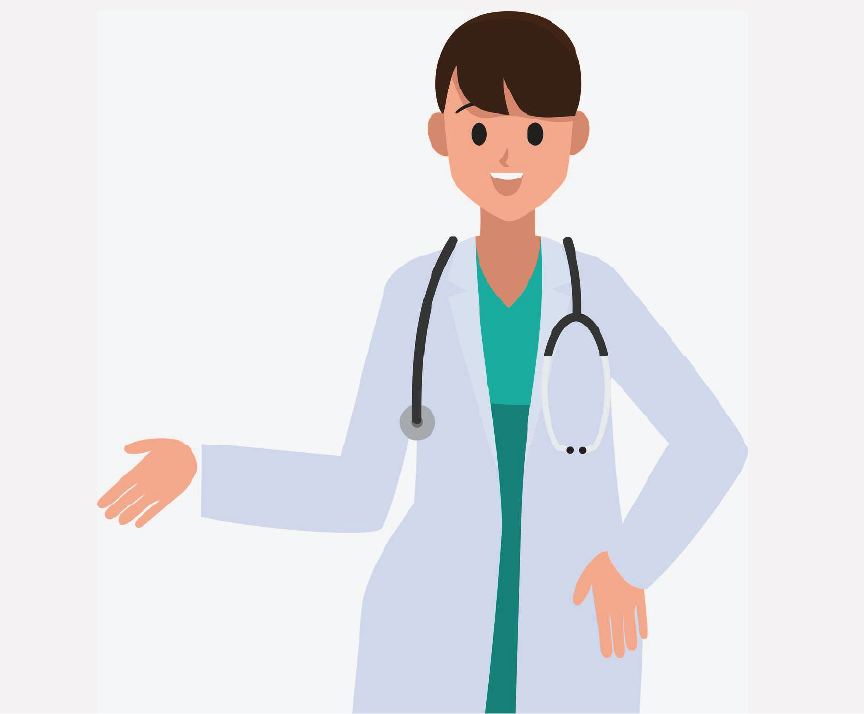 A doctor with her hand out.