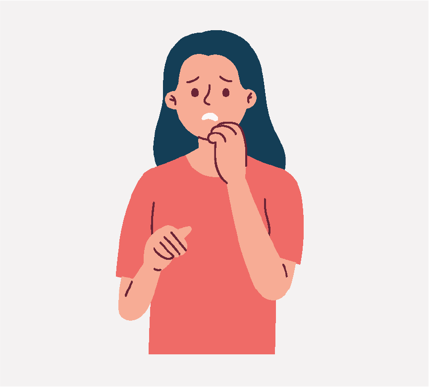 A nervous woman with her hand on her chin.