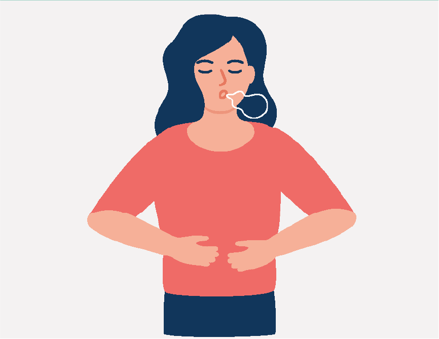 A woman with her hands on her stomach, taking a deep breath.
