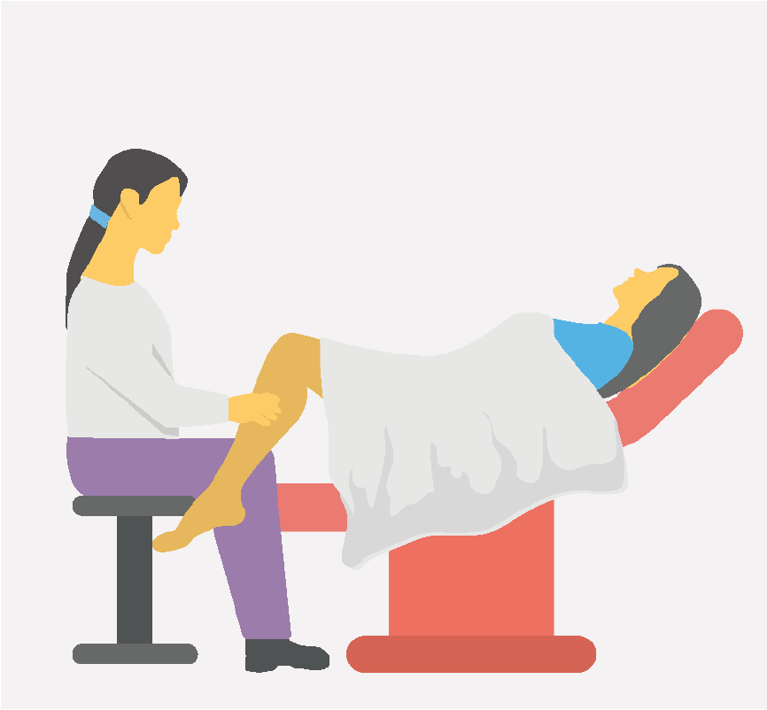 A doctor sitting on a stool while doing a gynecological exam on a female patient.