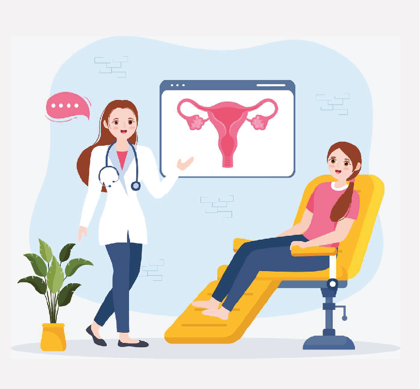 A doctor pointing to an image of a uterus while a patient sits in a yellow exam chair.