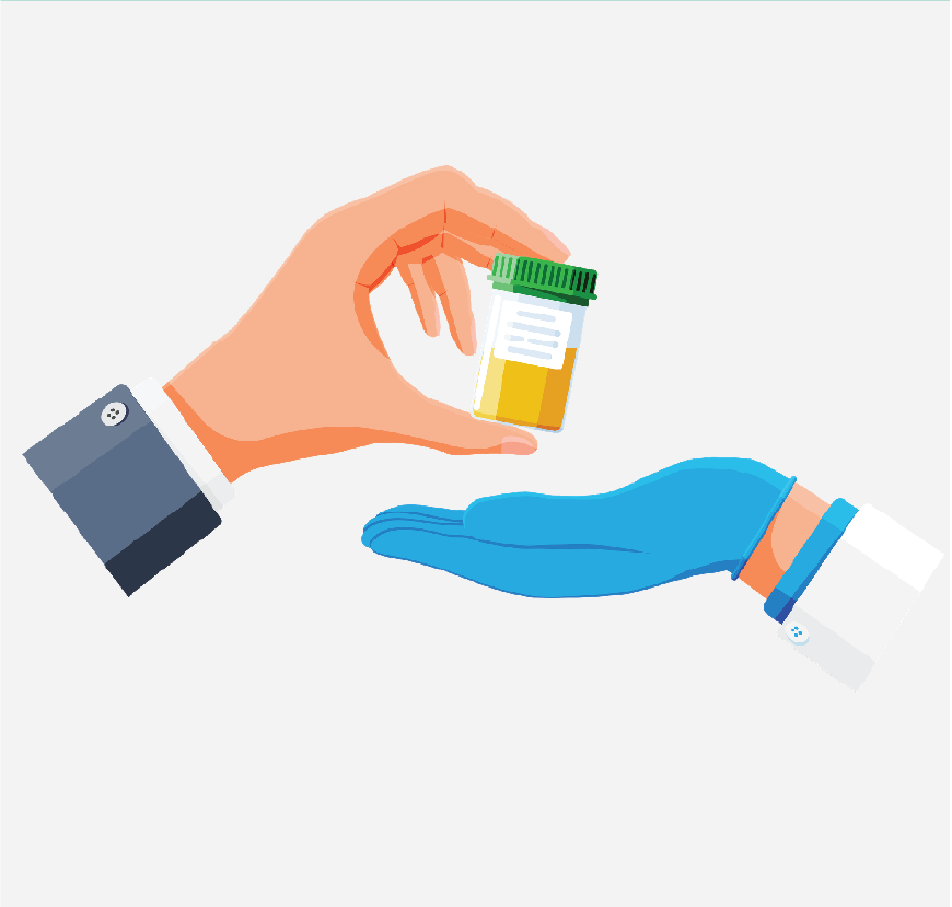 A hand giving a urine specimen cup to a hand with a blue rubber glove on it.