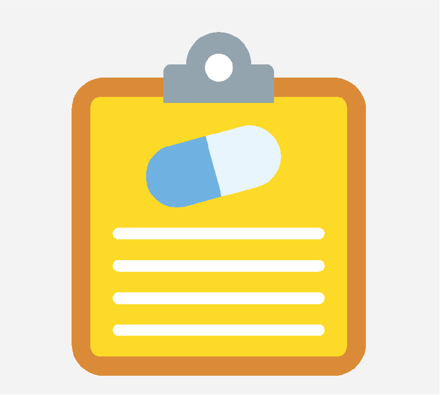 A yellow clipboard with a blue and white pill at the top.