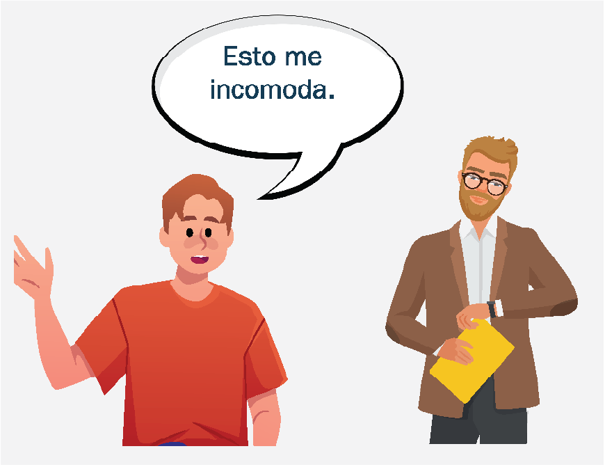 Un hombre diciéndole «esto me incomoda» a otro hombre que sostiene un portapapeles amarillo.