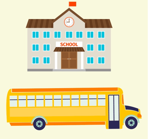 A school and a school bus.