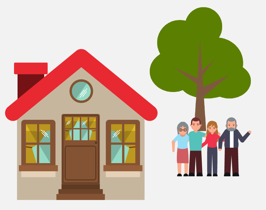 Cuatro personas con los brazos alrededor unas de otras, de pie junto a una casa y un árbol.