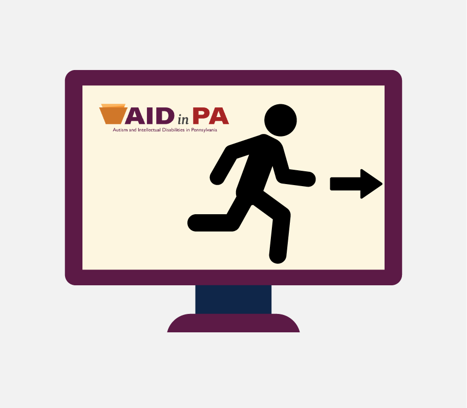 Экран компьютера с логотипом Aid in PA и силуэтом бегущей фигуры.