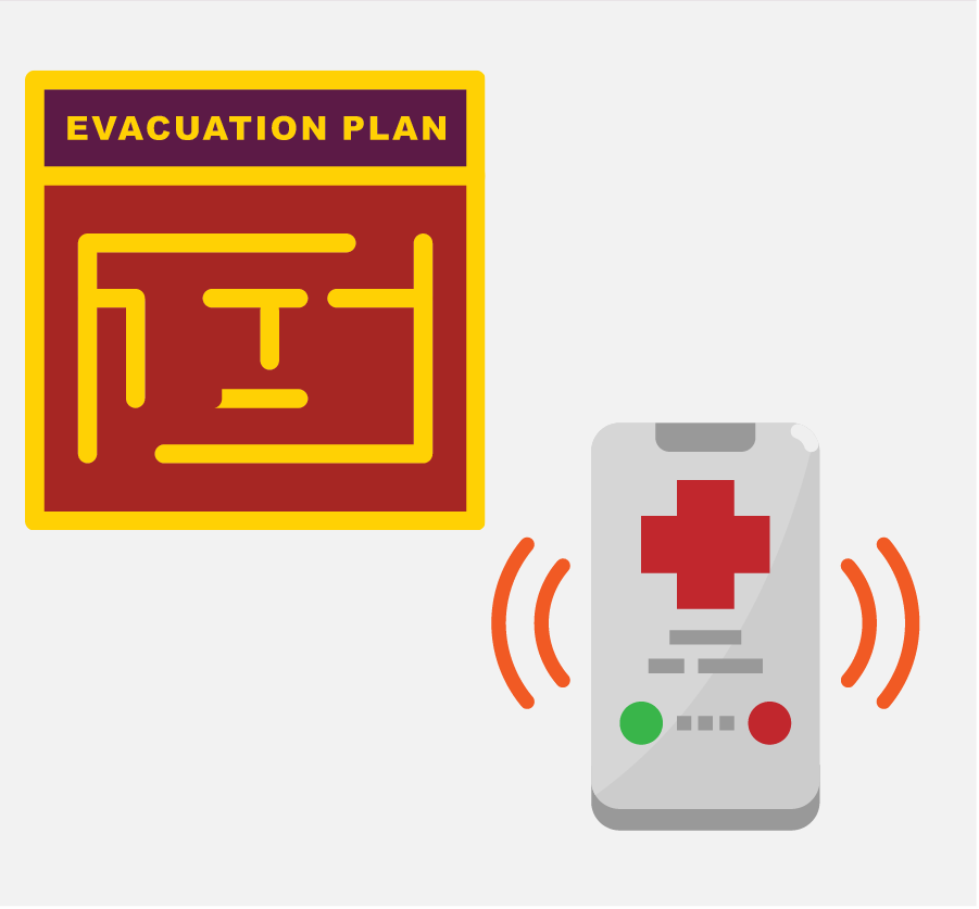 A red and yellow square icon with the words “evacuation plan” written on top. There is also a smartphone with a red cross symbol and orange soundwaves coming out of the side.