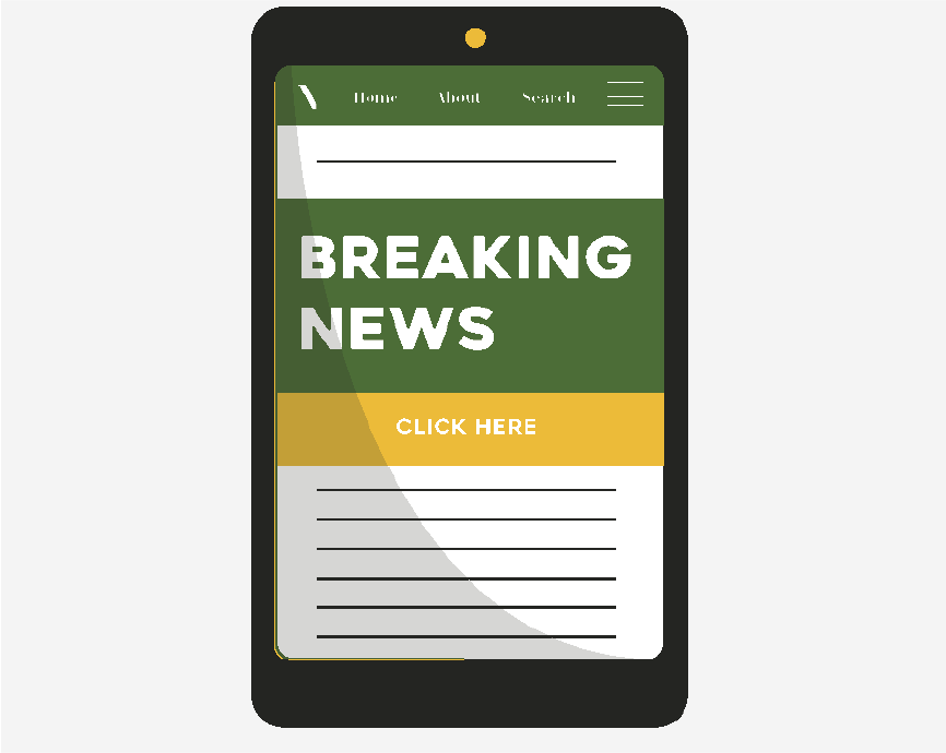 A smartphone with a breaking news article on the screen.