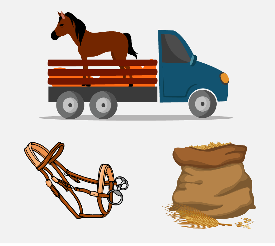 A horse standing in the back of a truck, horse reigns, and a bag of feed.