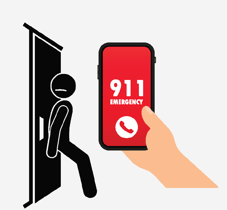 A figure standing against a door. There is also a hand holding a phone and calling 911.