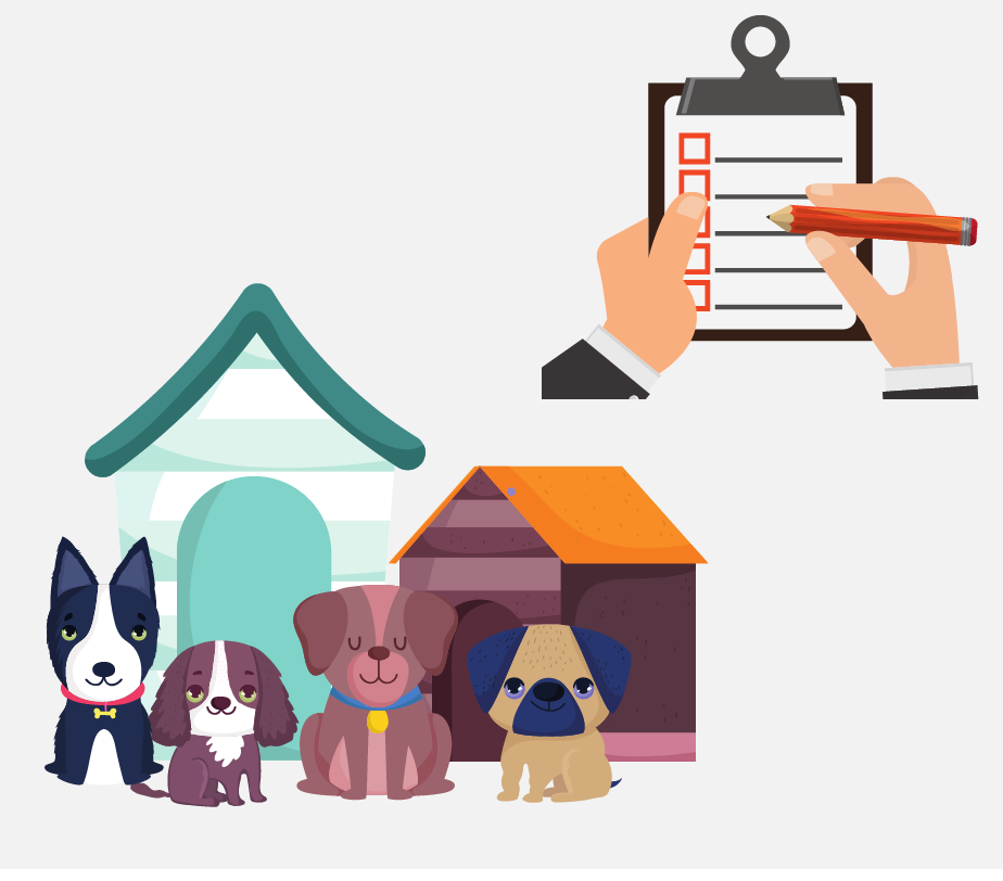 Two dog houses with three dogs in front and a checklist.