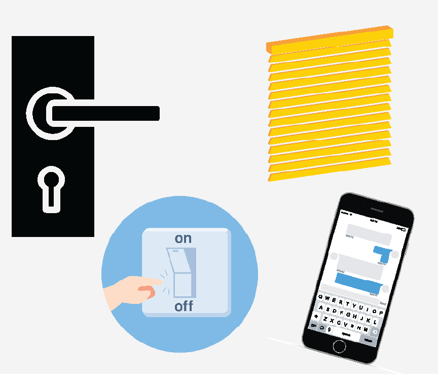 A doorknob, light switch, window shades, and a smartphone.
