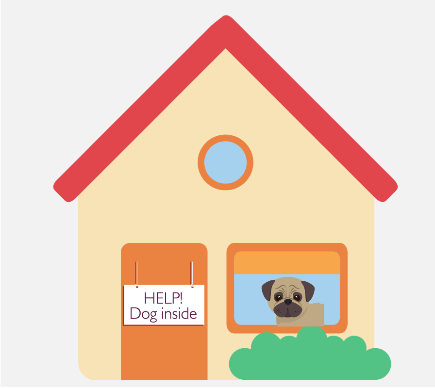 A house with a dog in the window and poster on the door that says, 