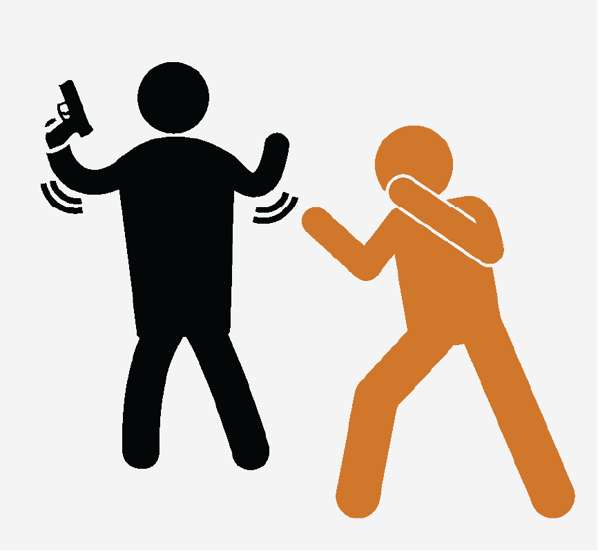 A figure with its fists up fighting another figure holding a firearm.
