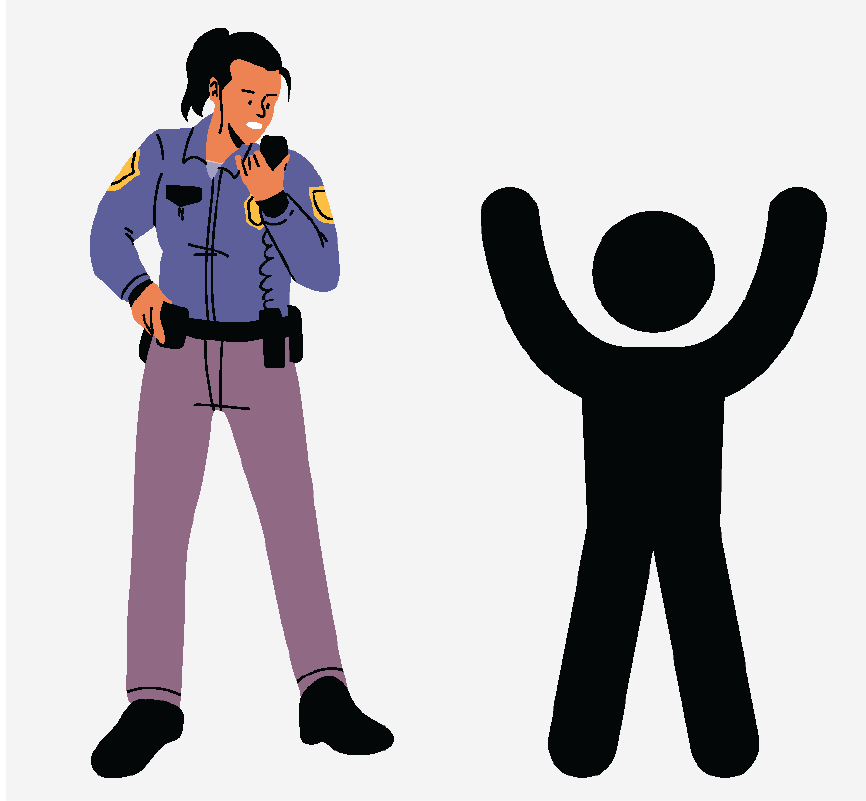 A figure holding its arms up while a police officer talks on their radio.