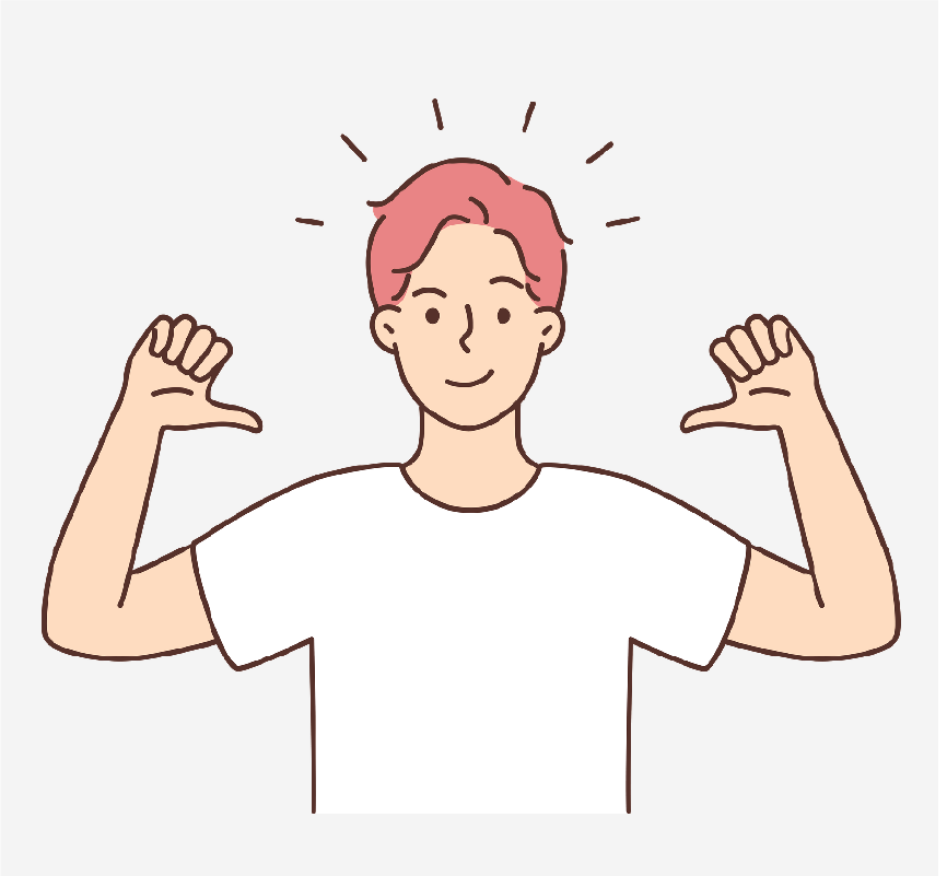 A man using his thumbs to point to himself.