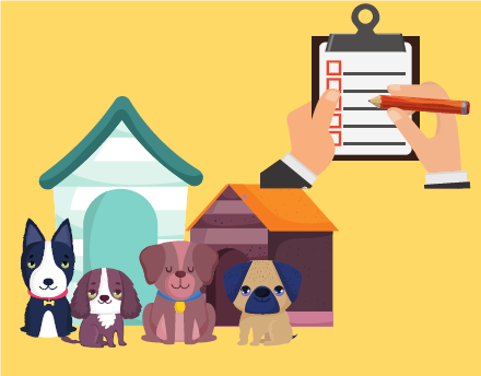 Dog houses with three dogs in front and a checklist