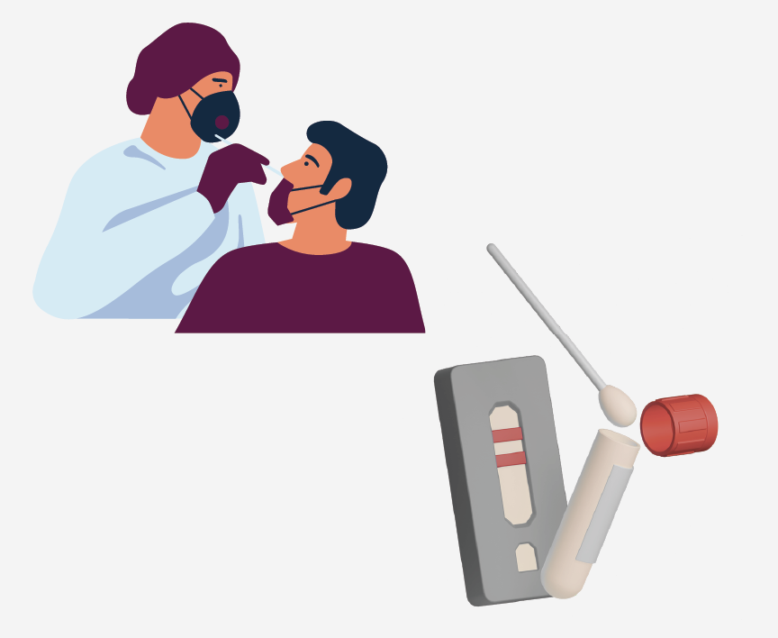 An image of a man getting a COVID test from a healthcare worker. Another image of an at-home COVID test.