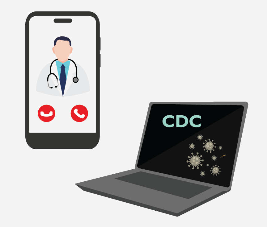 Image of cell phone calling a doctor. Image of a laptop with 