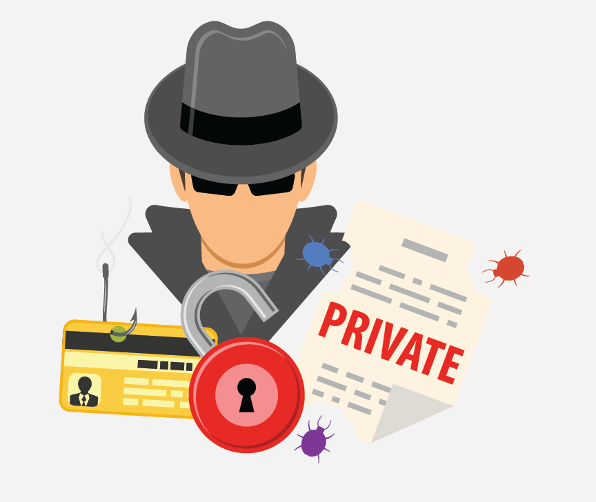 A red unlocked padlock with a credit card, document labelled 'PRIVATE,' and a man wearing a grey hat, jacket, and sunglasses behind it.