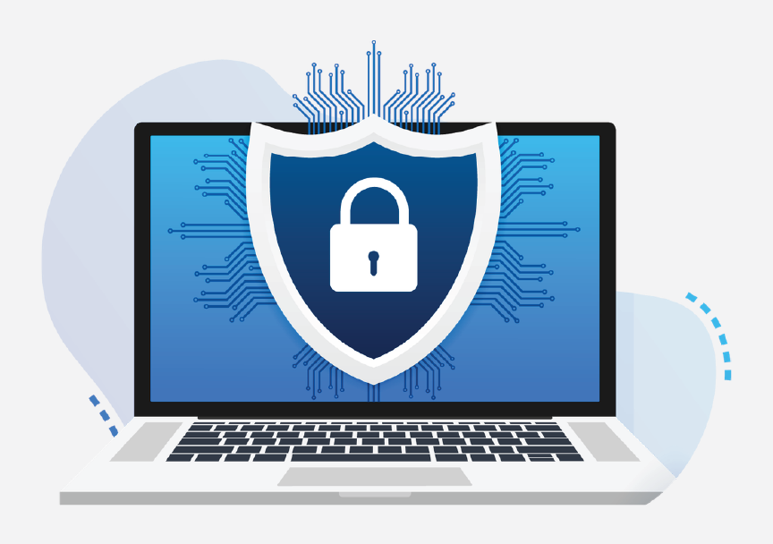 A laptop with a blue shield with a lock inside on screen.