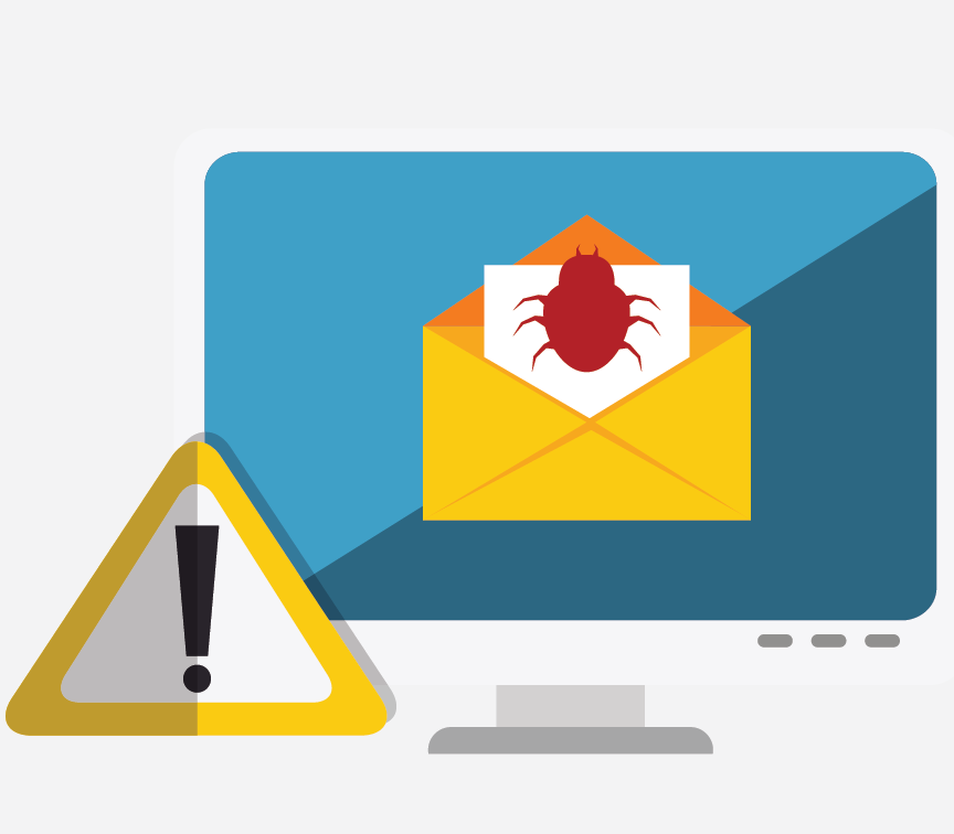 A picture of a computer with a yellow exclamation point and an open envelope on the screen. In the envelope is a virus.