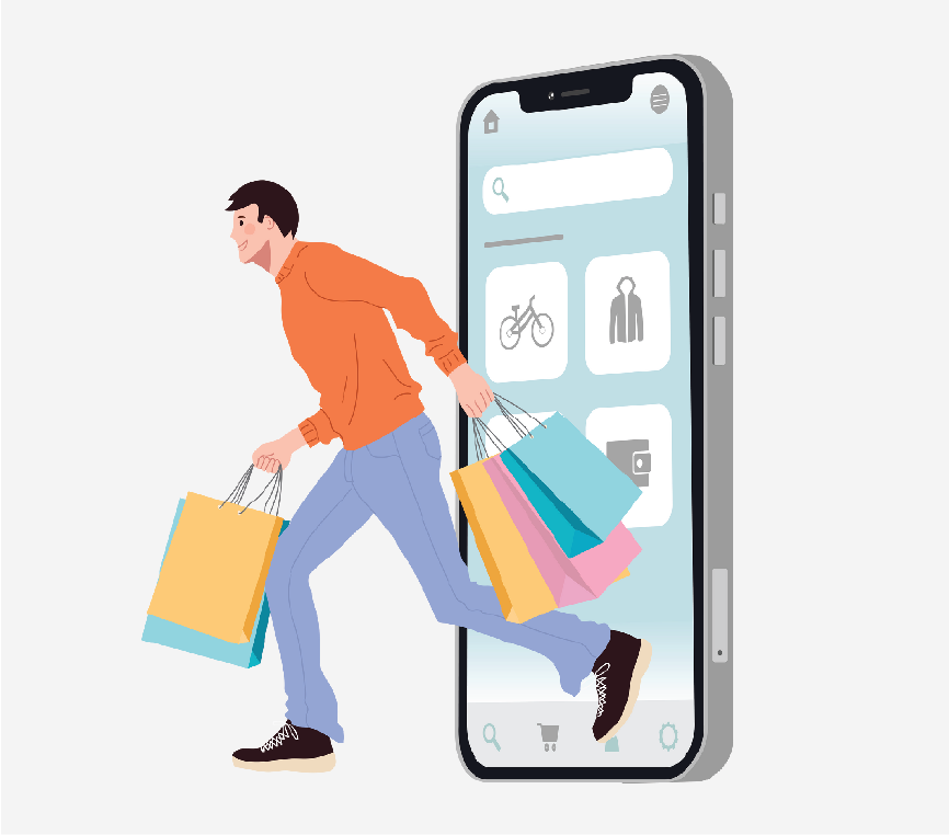 A man carrying shopping bags and running out of a giant smartphone to represent online shopping.