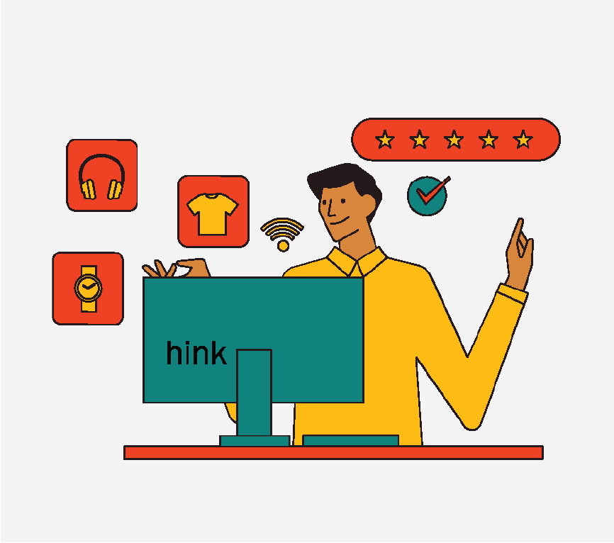 A man looking at a computer screen. There are headphones, a shirt, a watch, a Wi-Fi symbol, and 5-star review icons to represent online shopping.