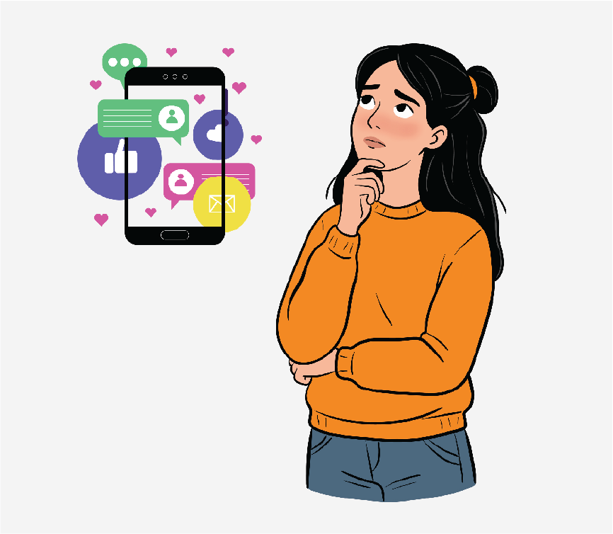 A woman thinking with her hand on her chin. She is looking at a smartphone with social media icons on it.