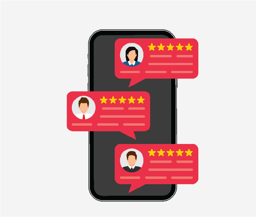A smartphone with icons of three sperate 5-star reviews on it.