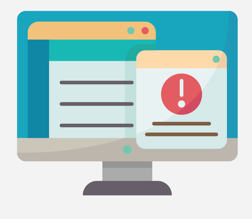 A computer with two windows open. One window has a red circle with an exclamation point.
