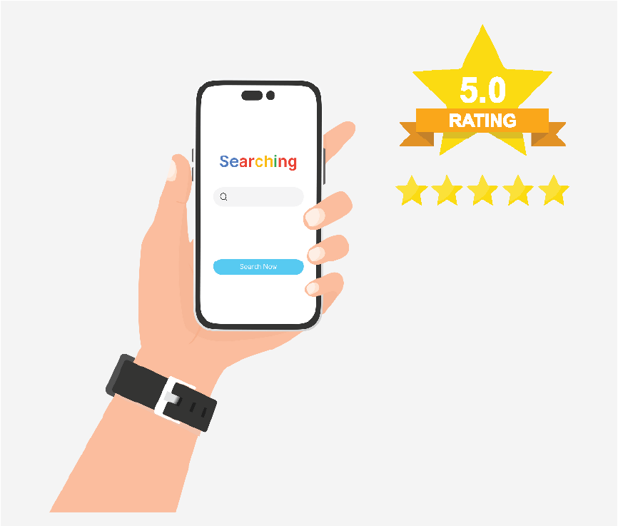 A hand holding a phone with a search bar on the screen. There is a gold 5-star rating in the top right corner.