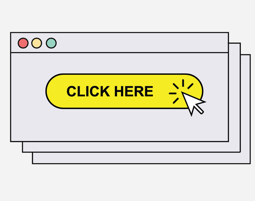 Three computer windows stacked with the top window saying 'CLICK HERE.'