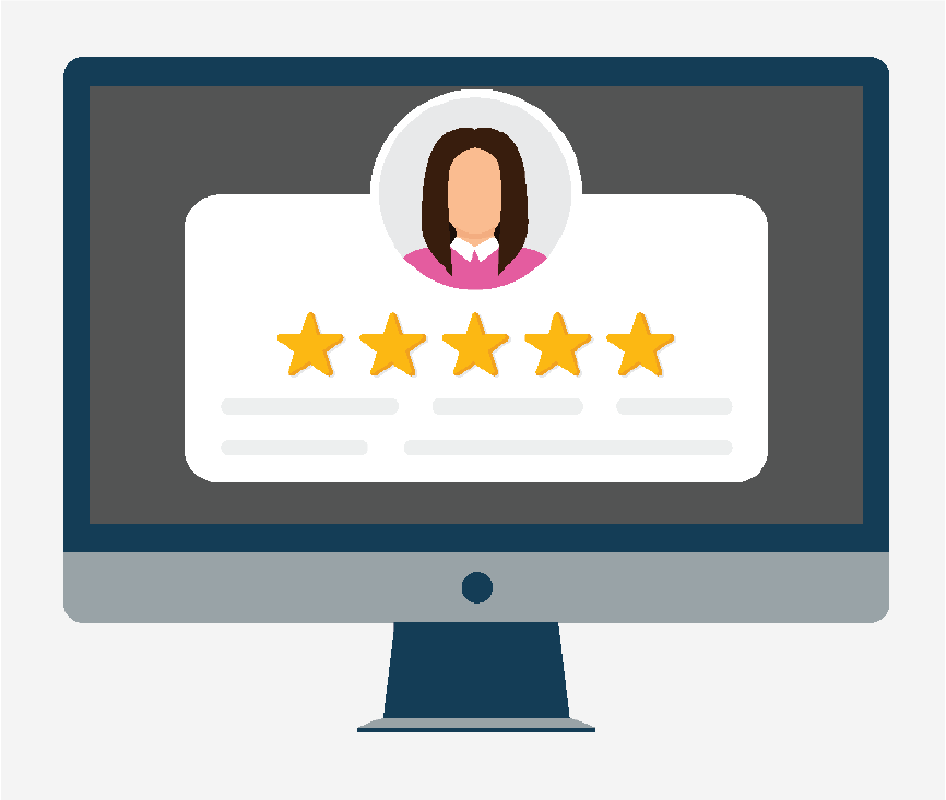 A computer with a 5-star review on the screen.