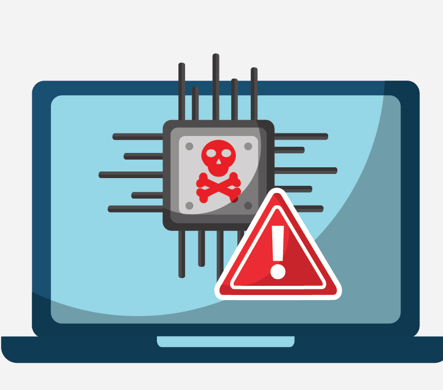 A laptop with a red triangle with an exclamation point inside. There is also a red skull and crossbones on screen.
