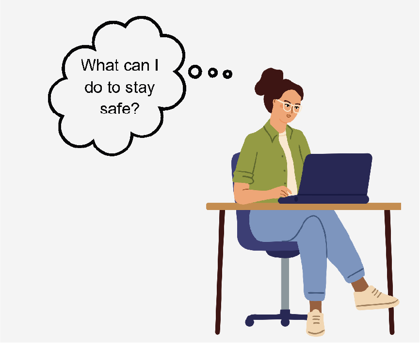 A woman looking at a laptop and thinking, 