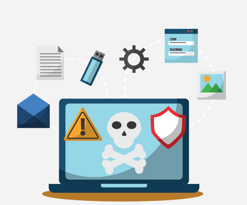 A laptop with a yield sign, a skull and crossbones, and a white shield on screen. Around the computer is an open envelope, a document, a flash drive, a cogwheel, a log-in window, and a picture.