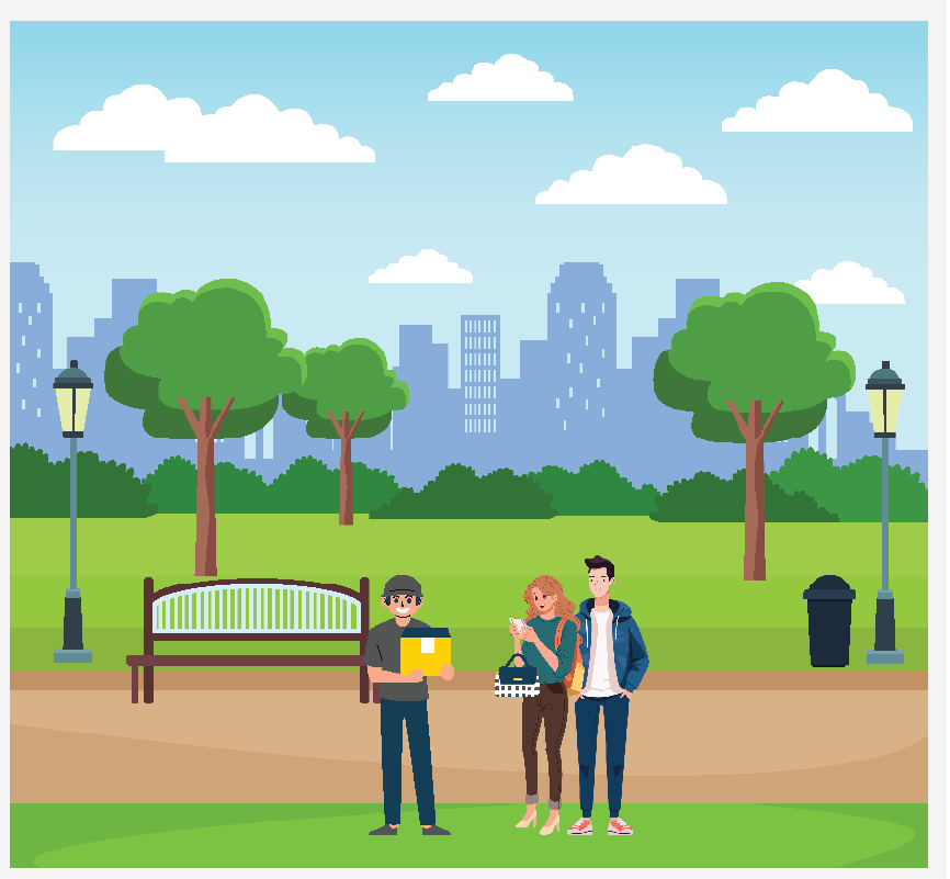A park scene with 3 people standing together. One person is holding a box, another person is holding a phone and purse.