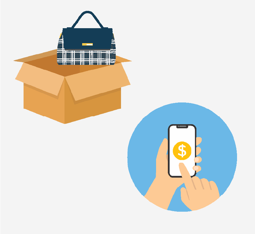 A purse going inside a box. There is also a hand holding a phone with a money icon on the screen.