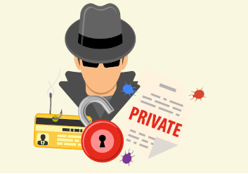 A red unlocked padlock with a credit card, document labelled 'PRIVATE,' and a man wearing a grey hat, jacket, and sunglasses behind it.
